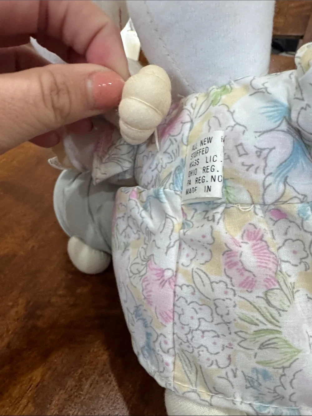 Vintage Pair of Plush Bunny Dolls in Pastel Floral Dress & Light Blue Overalls